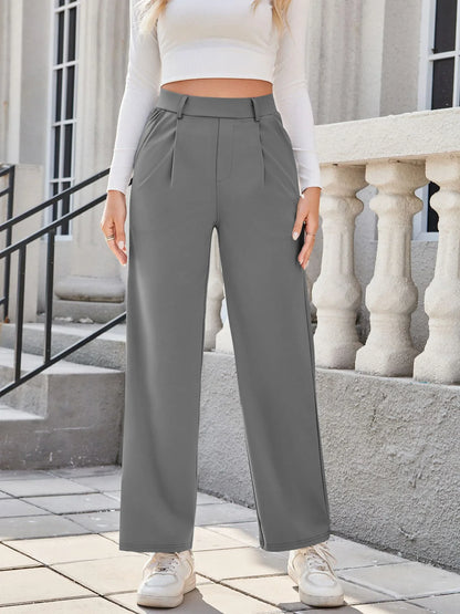 Flex High Waisted Work Pants Plicated Side Pockets Straight Leg