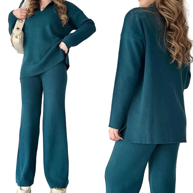Two Piece Pant Sets Women Knit Sweater V Neck Full Sleeve