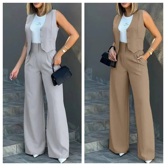 Stylish Women Commuting Vest Tops High Waist Wide Leg Pants 2024 Spring Autumn V Neck Sleeveless Button Regular Work Pants Set