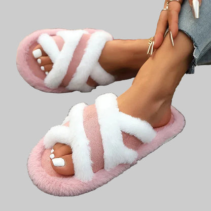 Luxury Faux Fur Cross Strap Slippers Women Winter
