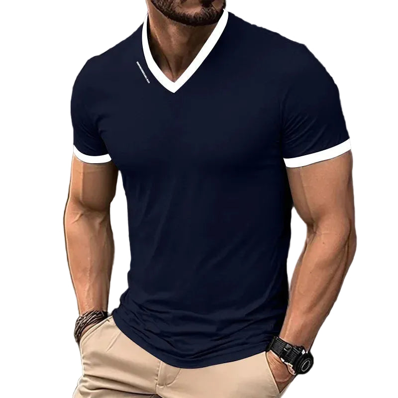 Men's Casual and Fashionable Solid Color V-neck Short Sleeved