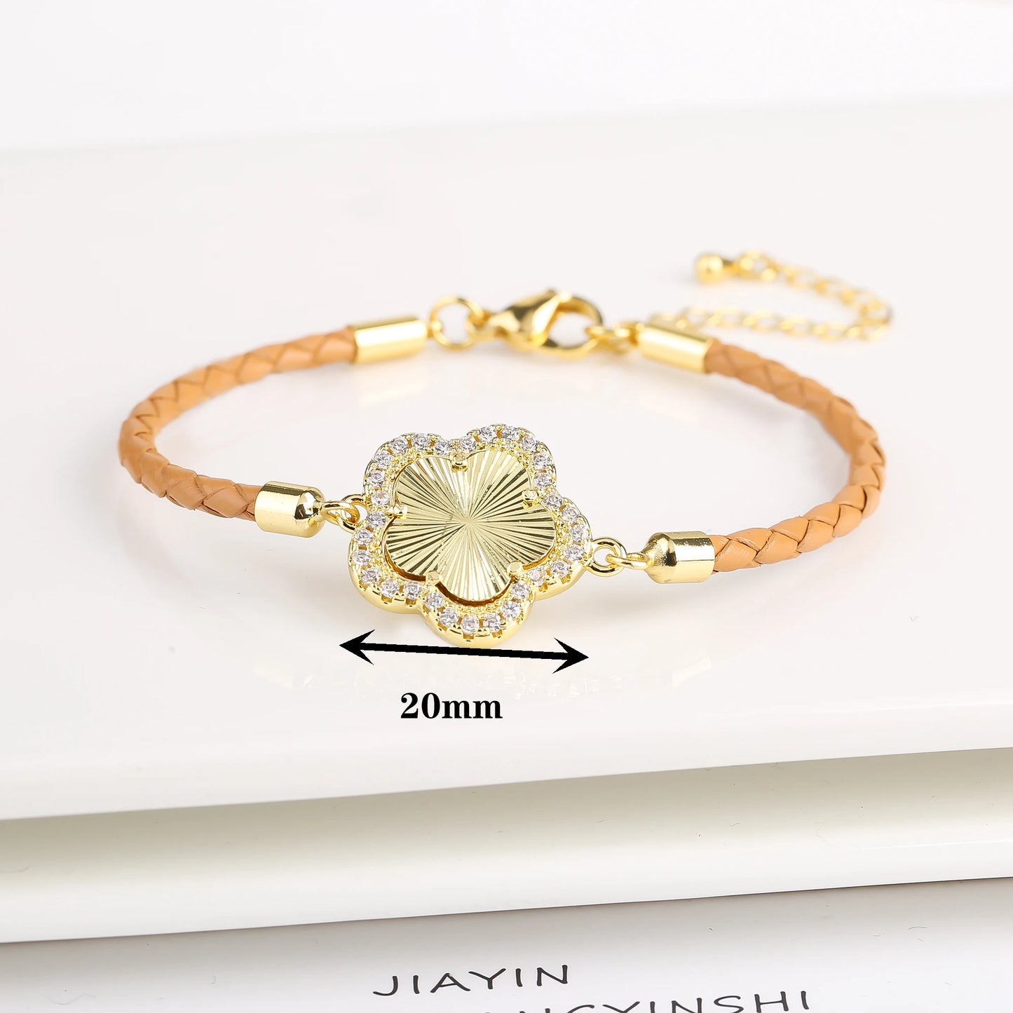 Classic Genuine Leather Woven Natural Stone Five Leaf Flower Charm Bracelet