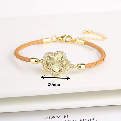 Classic Genuine Leather Woven Natural Stone Five Leaf Flower Charm Bracelet