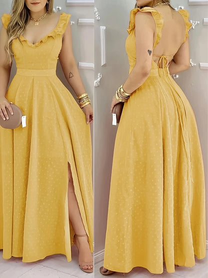 Women's Yellow Polka Dot Maxi Dress Ruffled Neckline Back Tie Side Slit