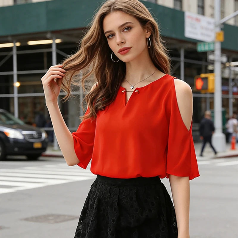 Shoulder Short Sleeve Summer Blouse Women