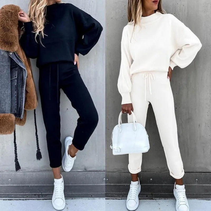 1) 2025 Autumn and Winter Women's Sweater High Collar Casual Pure Color Trousers Two-piece Set