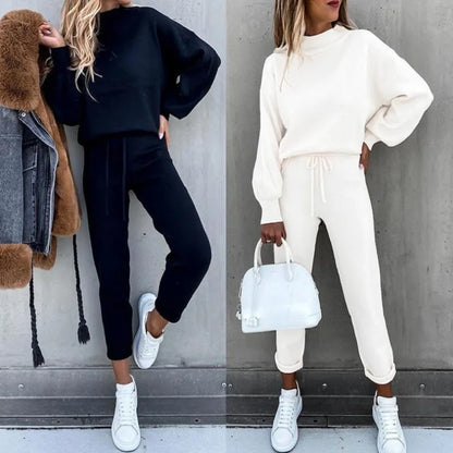 1) 2025 Autumn and Winter Women's Sweater High Collar Casual Pure Color Trousers Two-piece Set