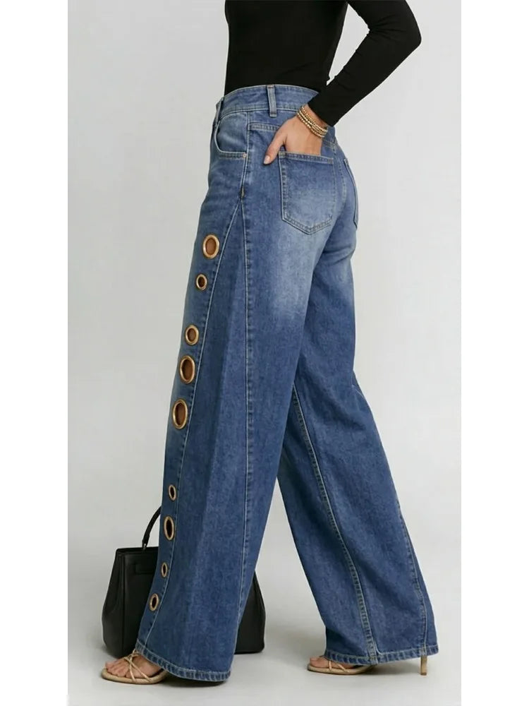 Women's Washed Blue High-Waist Metal Grommet Wide