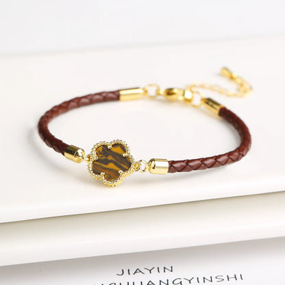 Classic Genuine Leather Woven Natural Stone Five Leaf Flower Charm Bracelet