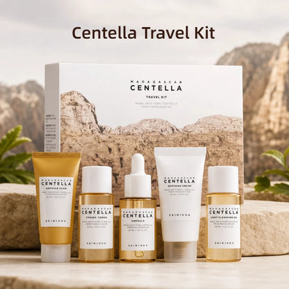 Korean Centella Travel Kit,Toner, Ampoule,Soothing Cream,Ampoule Foam,Cleansing Oil Basic Skincare Mini 5pcs Trial Kit Box