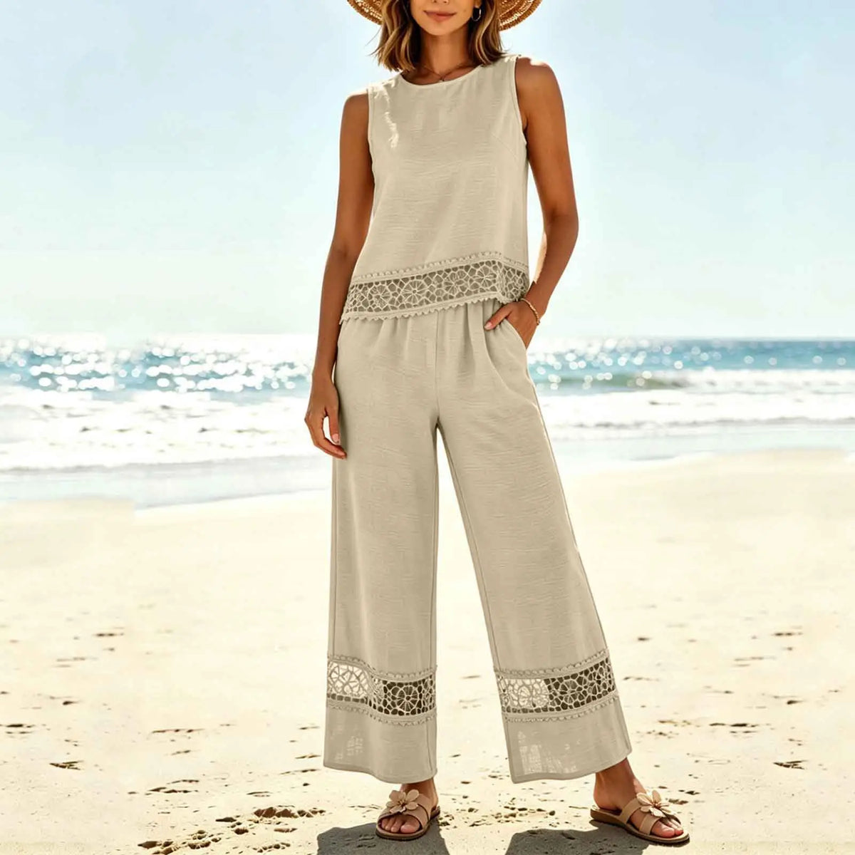 Women's 2 Piece Lace Set - Crop Top & Wide Leg Pants