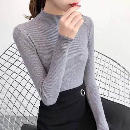 Autumn Winter Mock Neck Women Sweater Vintage Basic Solid
