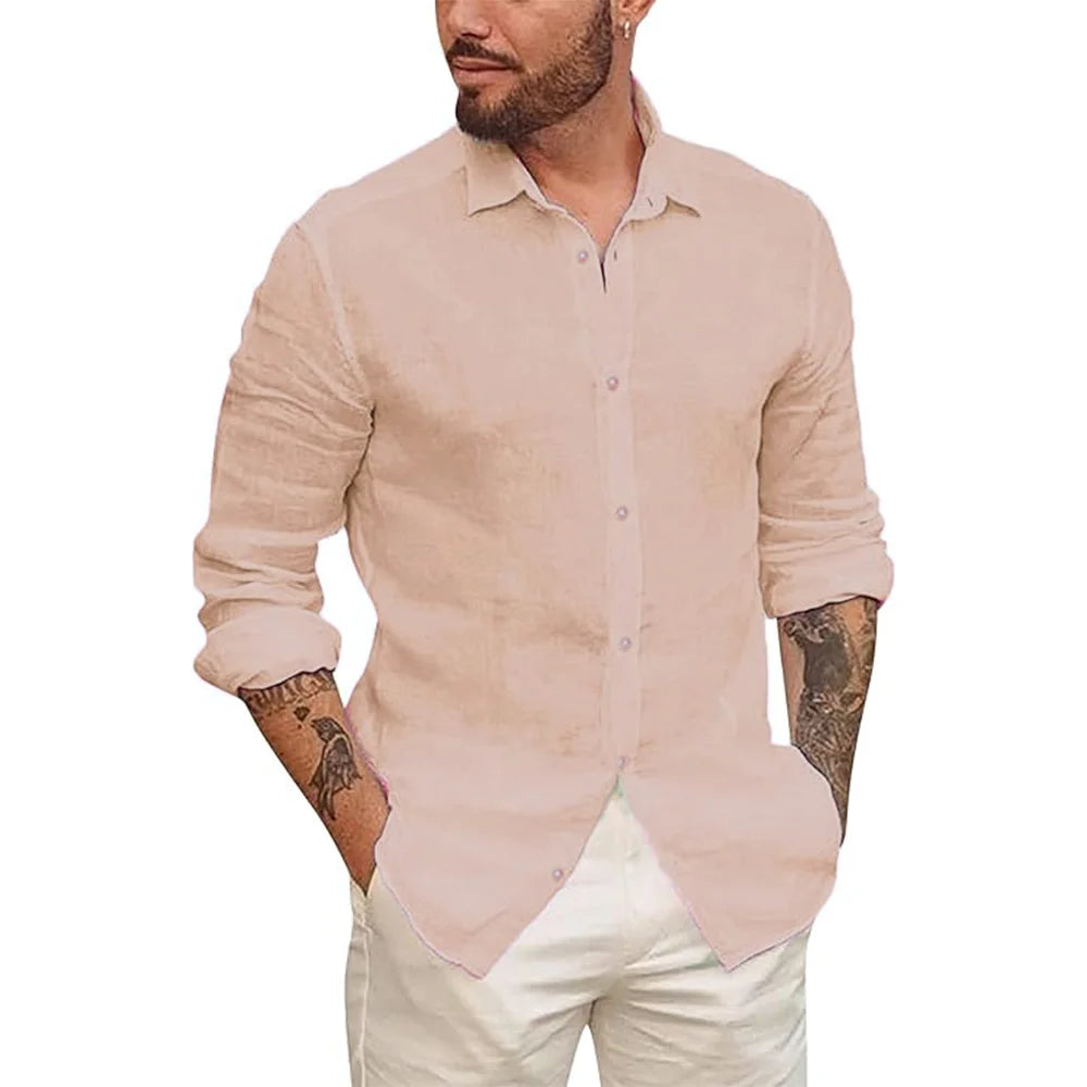 Mens Button Up Shirts for Men Long Sleeve Cotton Linen Hawaiian Beach