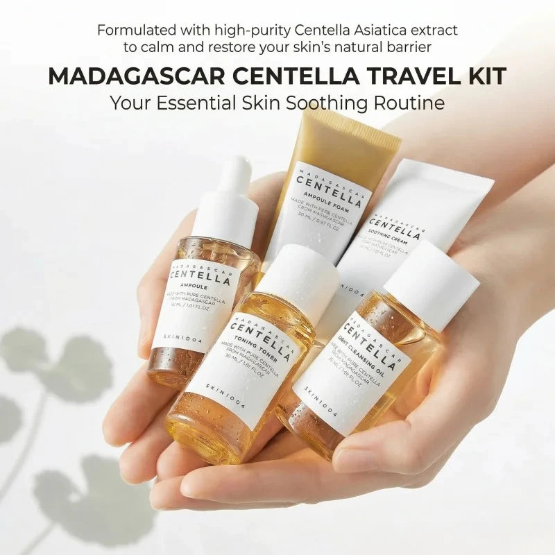 Korean Centella Travel Kit,Toner, Ampoule,Soothing Cream,Ampoule Foam,Cleansing Oil Basic Skincare Mini 5pcs Trial Kit Box