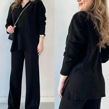 Two Piece Pant Sets Women Knit Sweater V Neck Full Sleeve