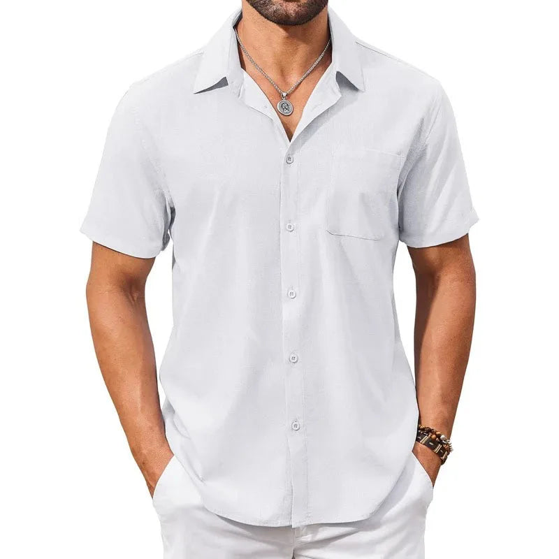 Cotton Linen Breathable Shirt for Men Solid Color Turn Down Collar