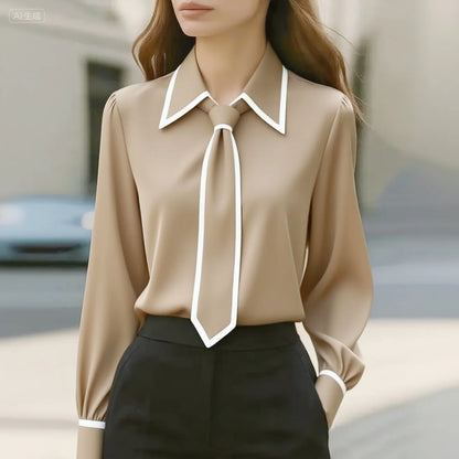 Women's fashion tie lapel design casual long-sleeved shirt