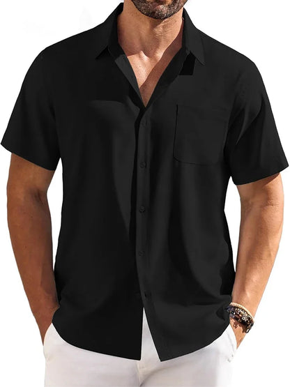 Cotton Linen Breathable Shirt for Men Solid Color Turn Down Collar