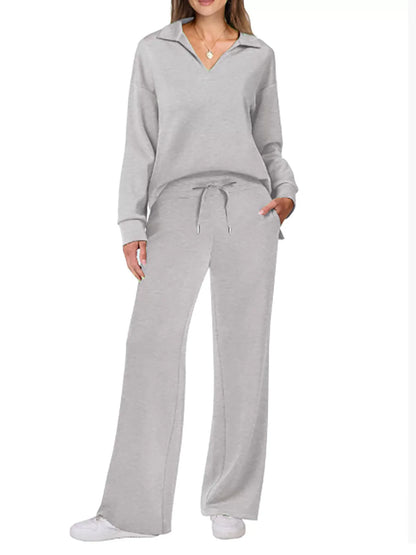 1 European and American Autumn and Winter New Fashion Casual Women's Long Sleeved Drawstring Solid Color Commuting Pants Set