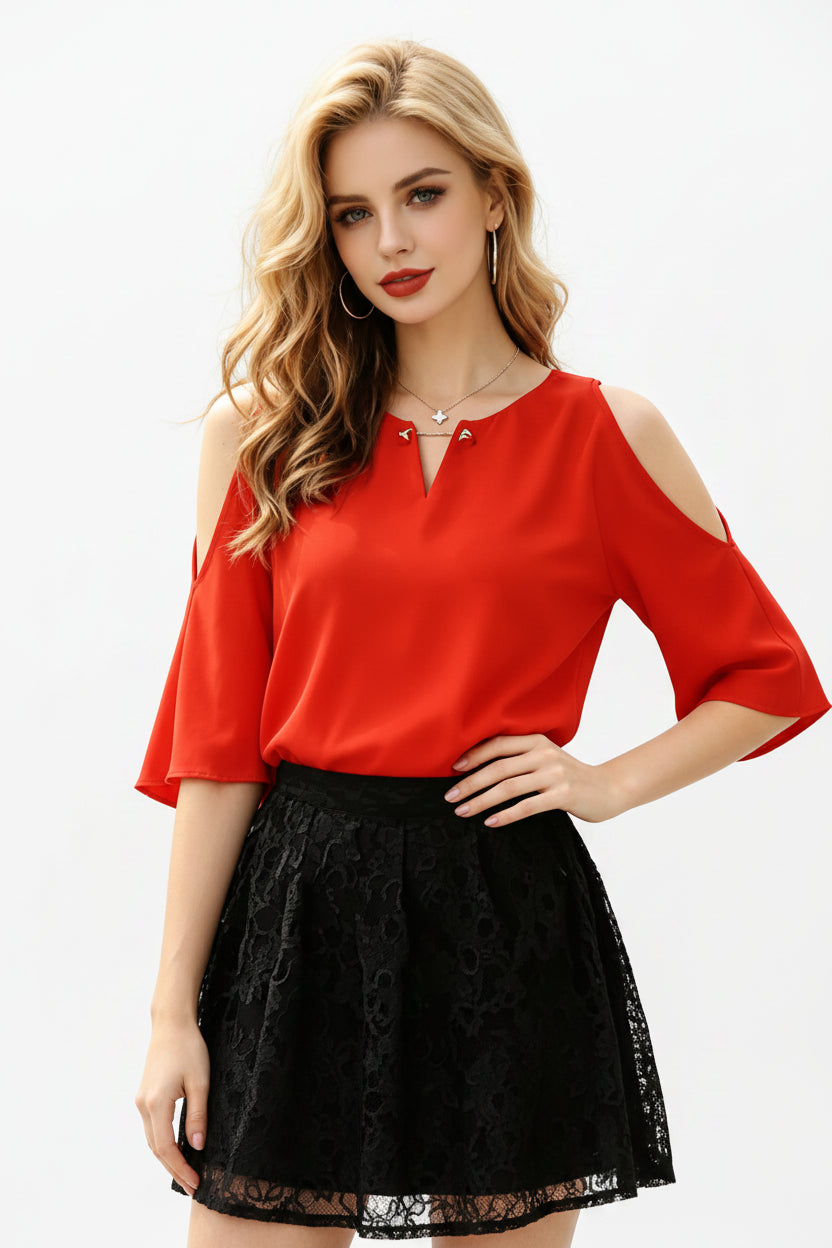 Shoulder Short Sleeve Summer Blouse Women