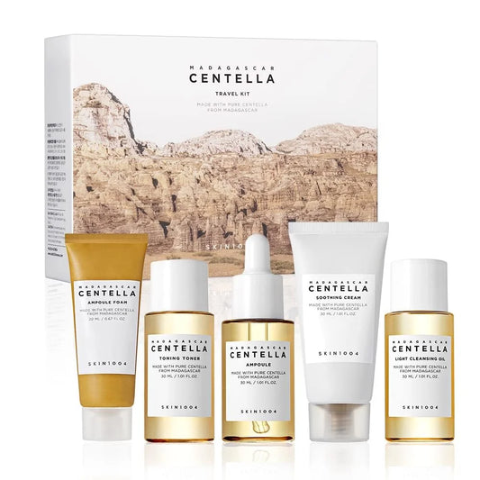 Korean Centella Travel Kit,Toner, Ampoule,Soothing Cream,Ampoule Foam,Cleansing Oil Basic Skincare Mini 5pcs Trial Kit Box