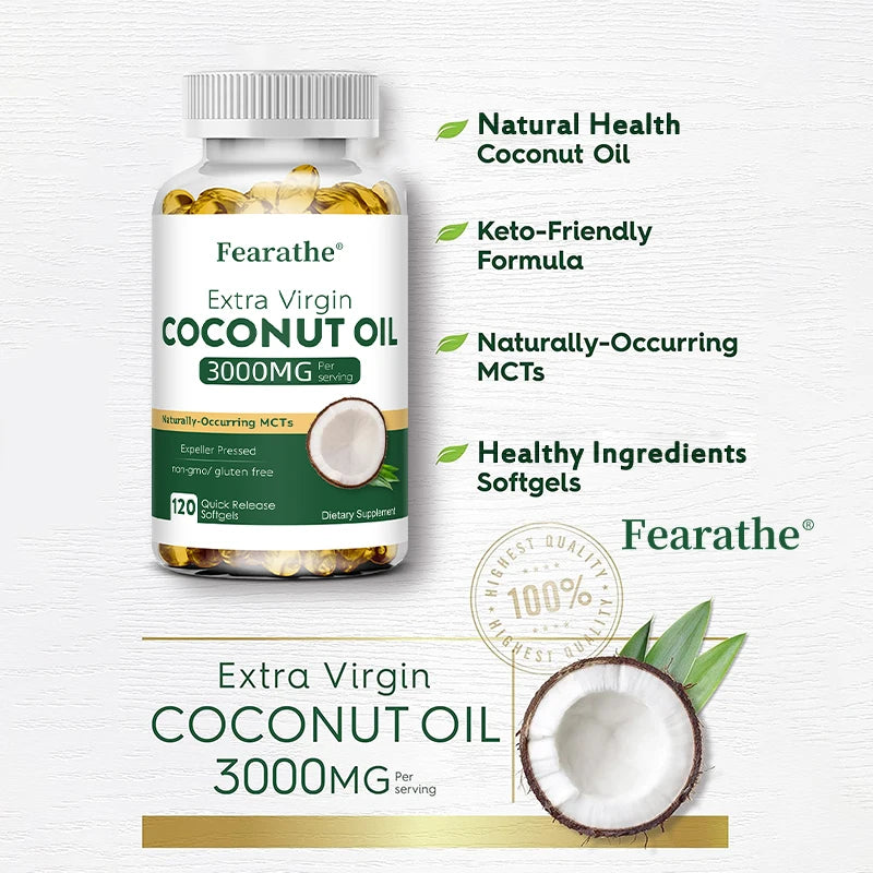 Extra Virgin Coconut Oil, 3000mg, Expeller Pressed Supplement Support for Hair, Nails & Skin Health, Non-GMO