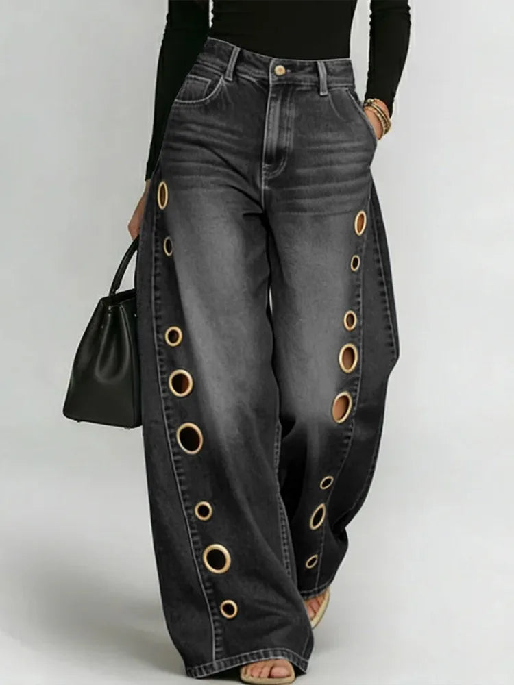Women's Washed Blue High-Waist Metal Grommet Wide