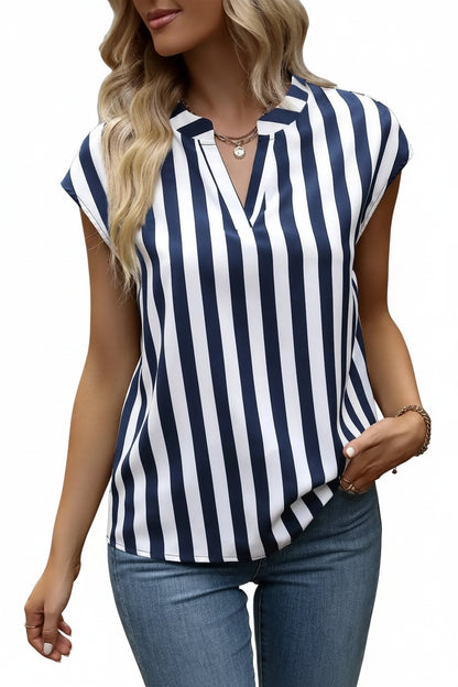 Elegant striped blouse with a flattering V-neck design, perfect for a casual yet stylish look.