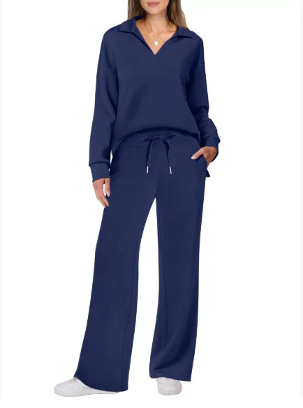 1 European and American Autumn and Winter New Fashion Casual Women's Long Sleeved Drawstring Solid Color Commuting Pants Set