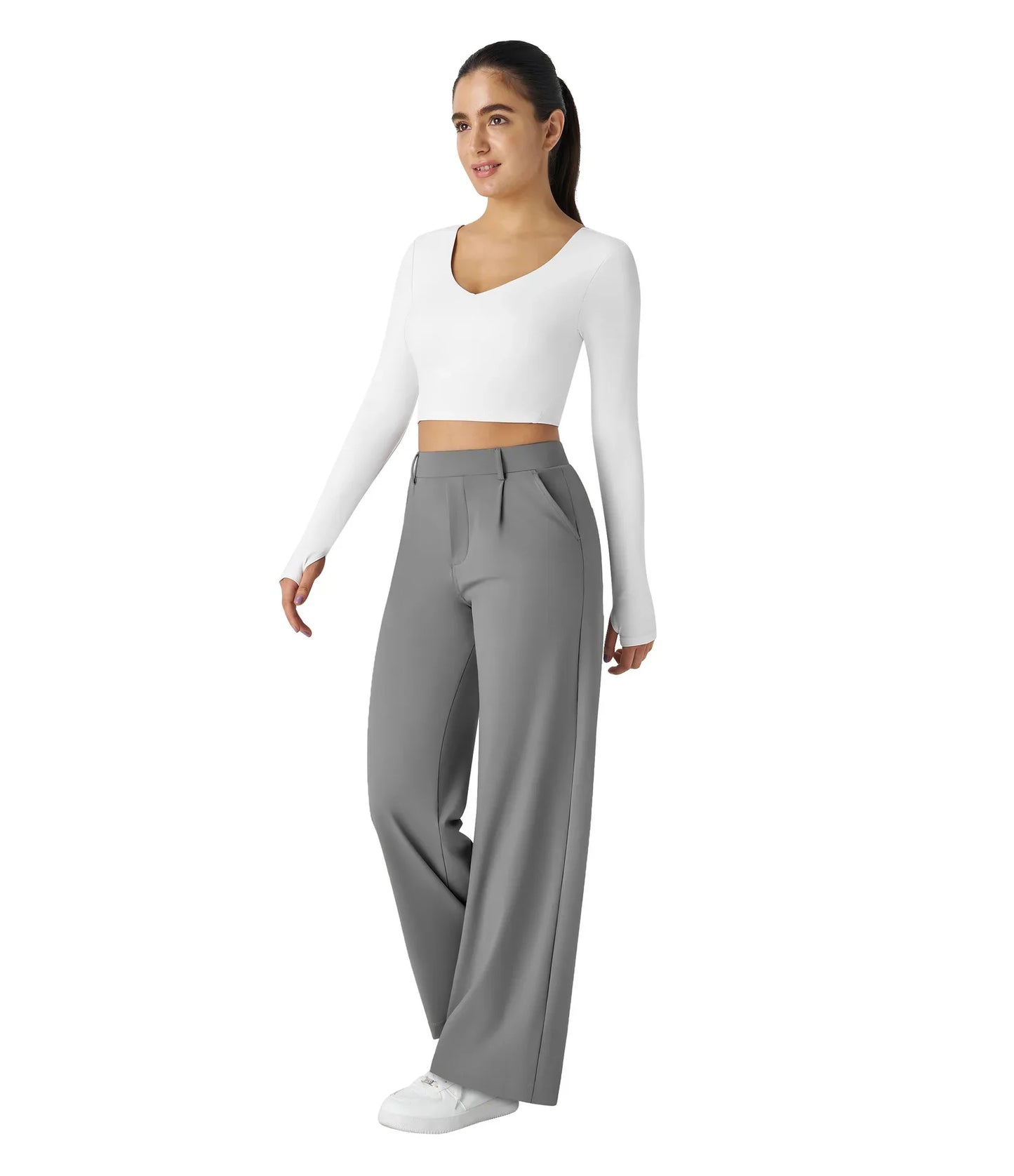 Flex High Waisted Work Pants Plicated Side Pockets Straight Leg