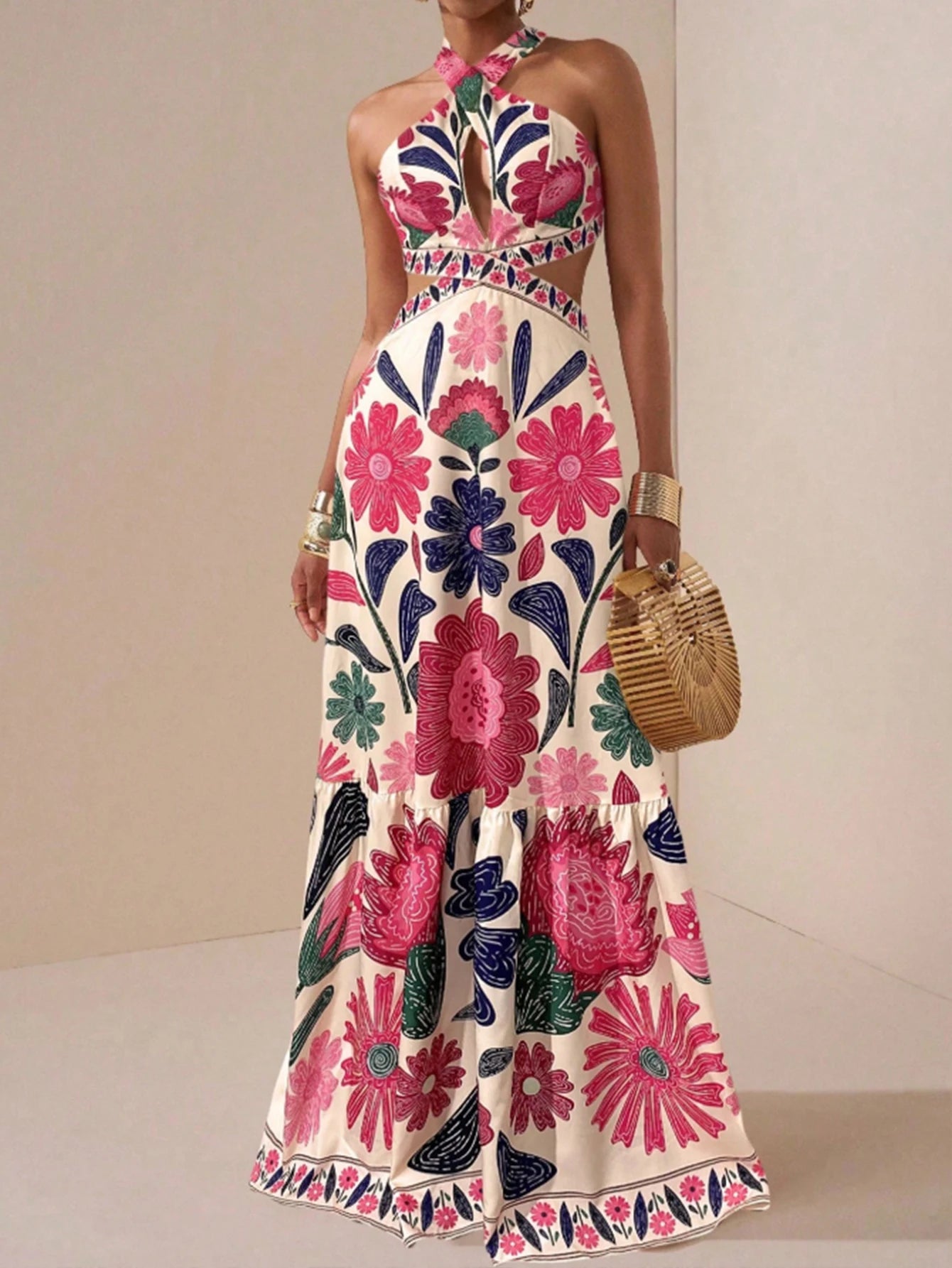 Women's Floral Halter Maxi Dress – Cutout Waist & Ruffle Hem