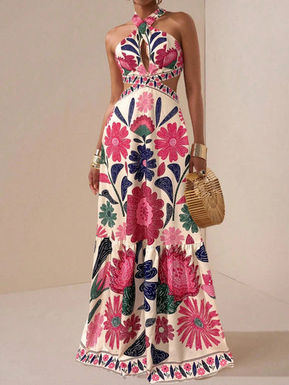 Women's Floral Halter Maxi Dress – Cutout Waist & Ruffle Hem