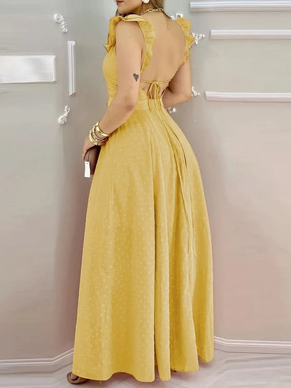 Women's Yellow Polka Dot Maxi Dress Ruffled Neckline Back Tie Side Slit