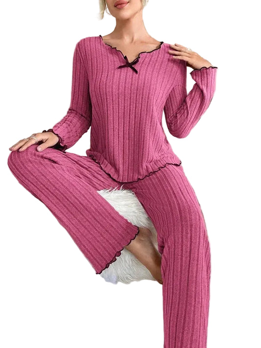 Women Autumn Winter Sleepwear Ribbed Pajamas Set Long Sleeve