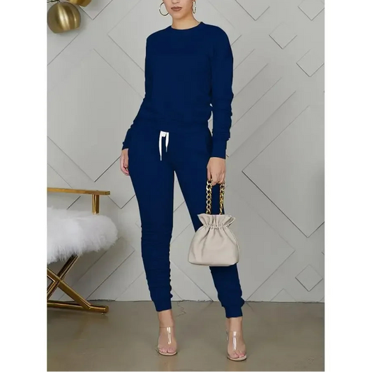 1) New round Neck Long Sleeve Slim Fit Warm Top Elastic Waistband Lace-up Trousers Simple Solid Color Sports Two-Piece Set