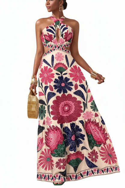 Women's Floral Halter Maxi Dress – Cutout Waist & Ruffle Hem