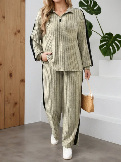 Elegant Casual 2-Piece Suit | Zipper Collar Long-Sleeve Top