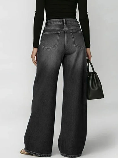 Women's Washed Blue High-Waist Metal Grommet Wide