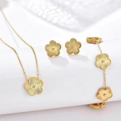 Metal Laser Five Leaf Flower Bracelet Necklace Earrings Jewelry Set