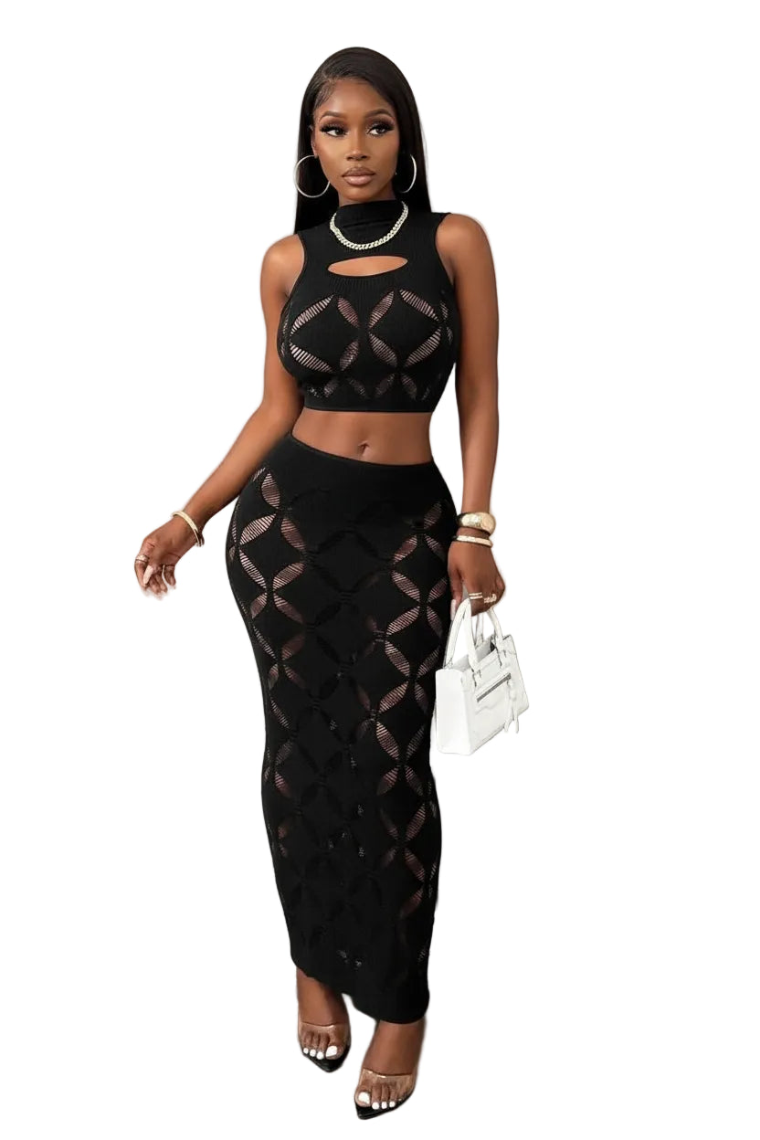 2PCS Mesh Crop Tank & Bodycon Mini Skirt Set – Women's Sexy Clubwear