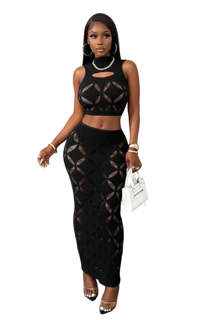 2PCS Mesh Crop Tank & Bodycon Mini Skirt Set – Women's Sexy Clubwear