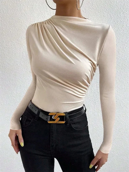 Casual Pleated Mock Neck Long Sleeve T-shirt for Women