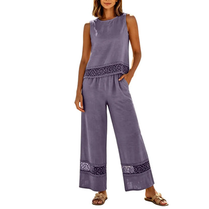 Women's 2 Piece Lace Set - Crop Top & Wide Leg Pants
