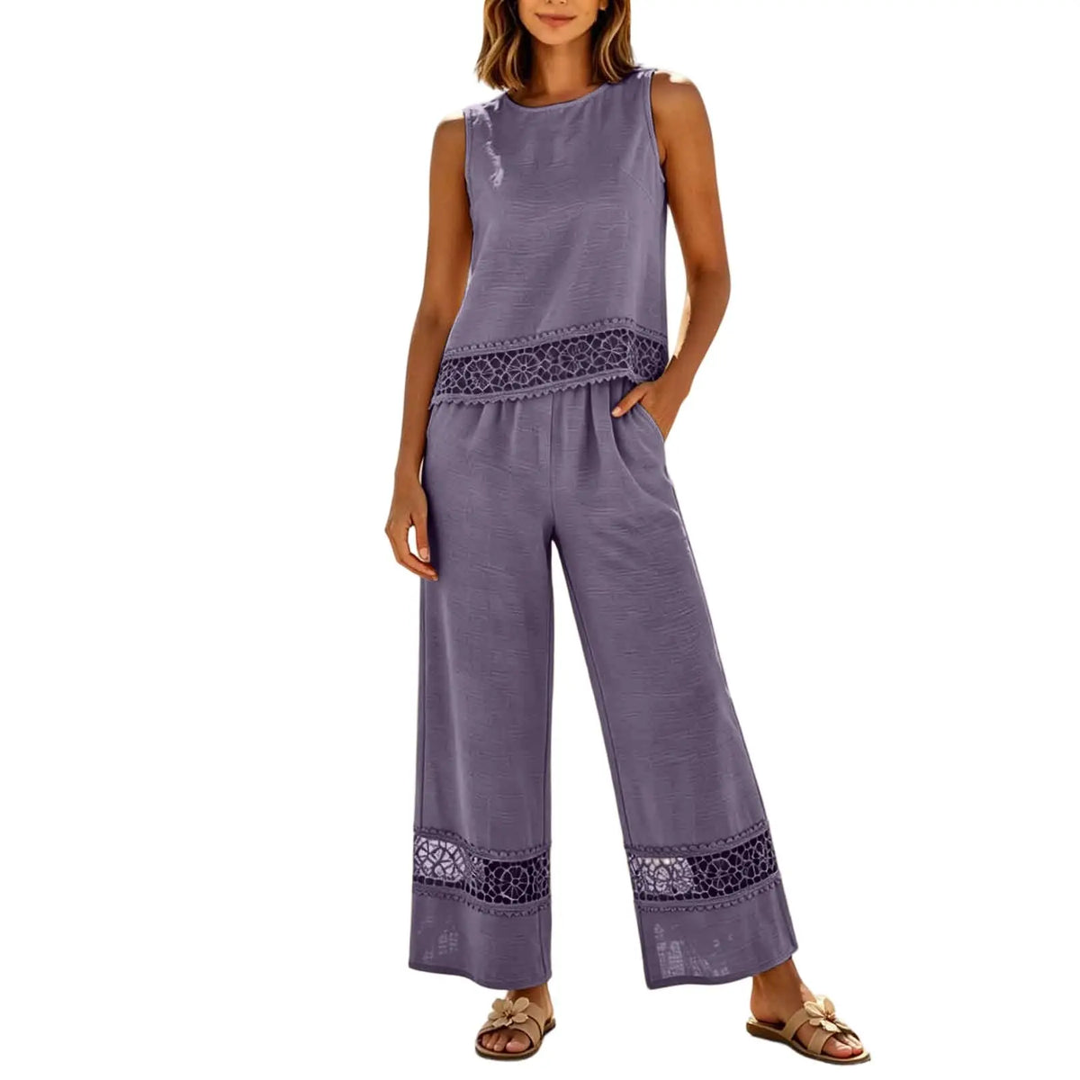 Women's 2 Piece Lace Set - Crop Top & Wide Leg Pants