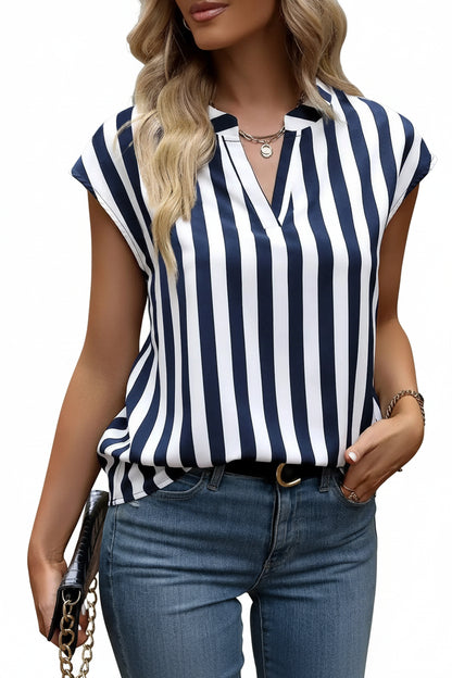 Elegant striped blouse with a flattering V-neck design, perfect for a casual yet stylish look.