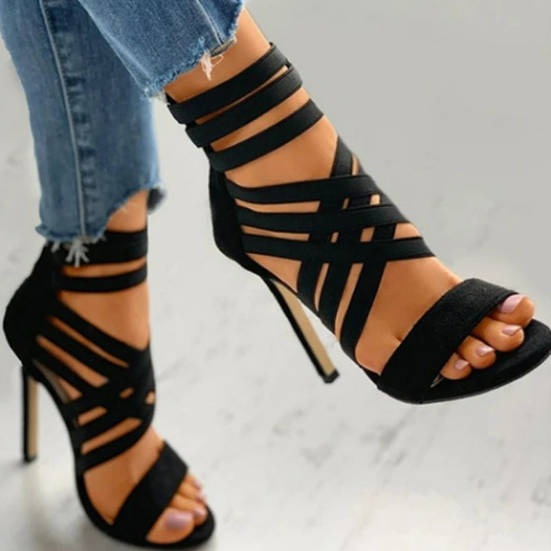 Women's Sandals Elastic Band Cross High Heels Sexy Peep Toe Pumps