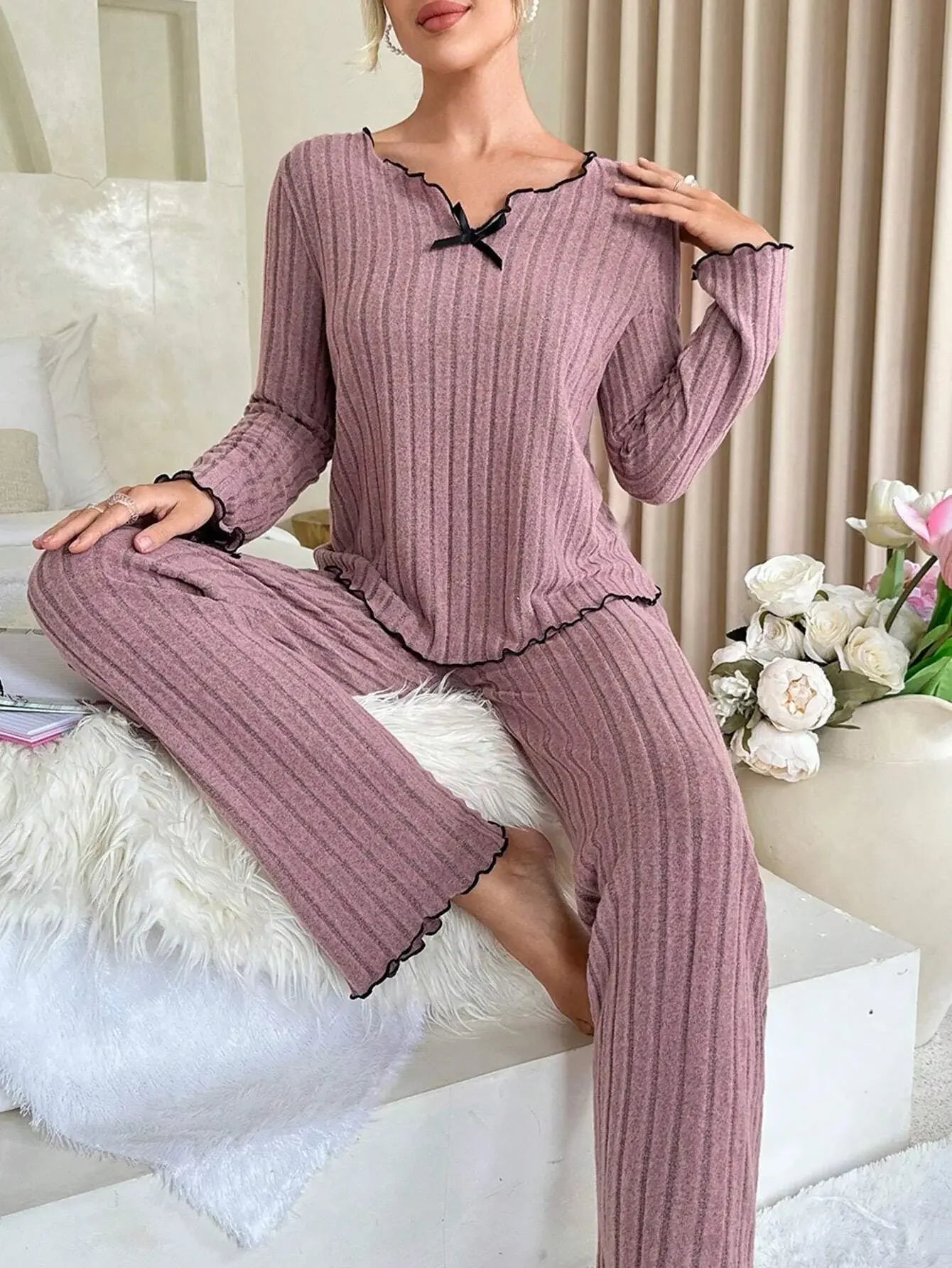 Women Autumn Winter Sleepwear Ribbed Pajamas Set Long Sleeve