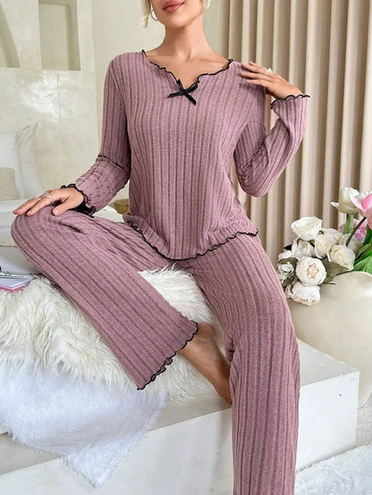 Women Autumn Winter Sleepwear Ribbed Pajamas Set Long Sleeve