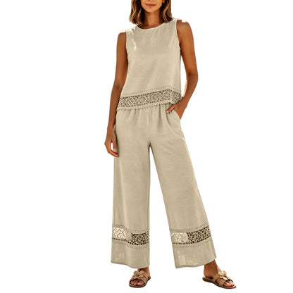 Women's 2 Piece Lace Set - Crop Top & Wide Leg Pants