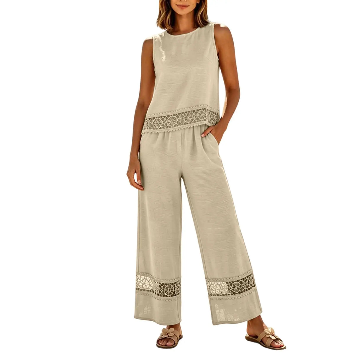 Women's 2 Piece Lace Set - Crop Top & Wide Leg Pants